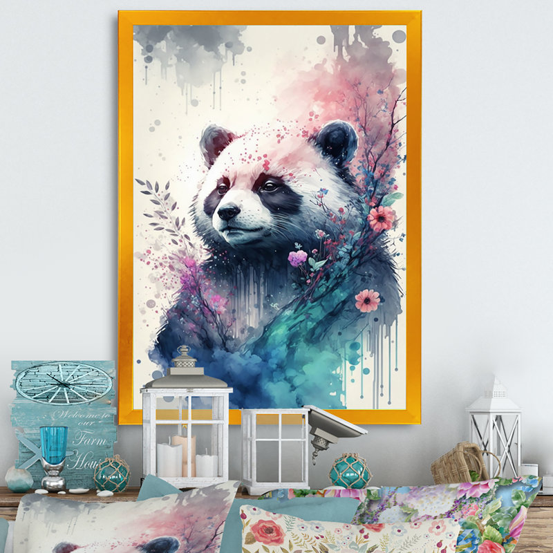 Mignon panda floral - peinture sur toile, Cadre photo doré