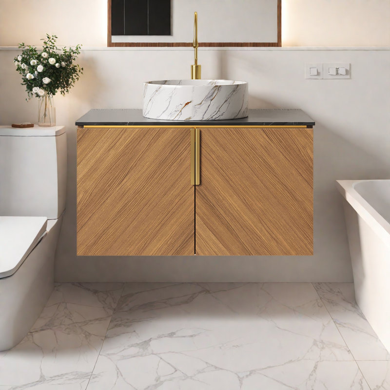 Meuble-lavabo mural 30 po avec comptoir en pierre frittée noire et lavabo rond en céramique blanche avec motif de pierre