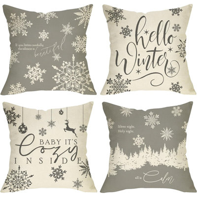 Ensemble de 4 coussins décoratifs Hello Winter gris et blanc 18 x 18