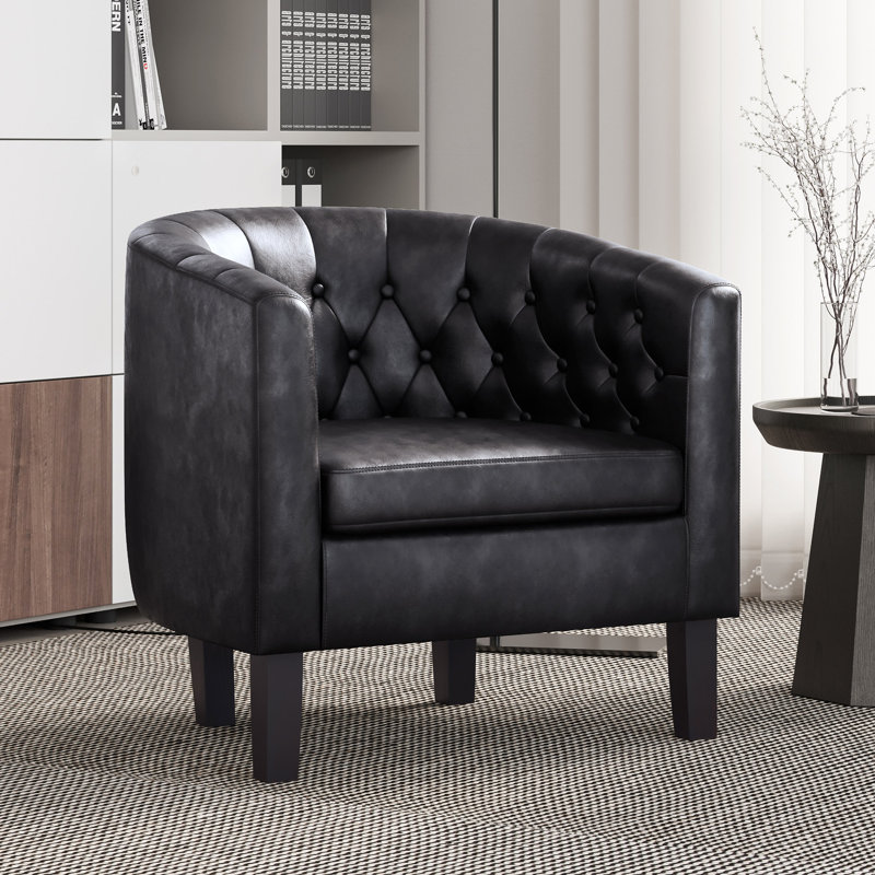 Zeniyah 28.25 Wide Faux Leather Barrel Chair, Black Faux Leather