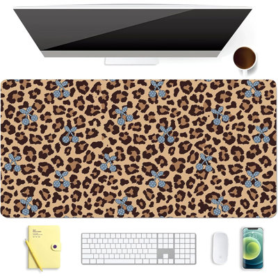 Mignon tapis de souris de jeu à imprimé léopard brun cerise mignon, protecteur de tapis de bureau en cuir antidérapant pour bureau à domicile, grand bloc-notes pour ordinateur portable 35,4 po x 15,7 po