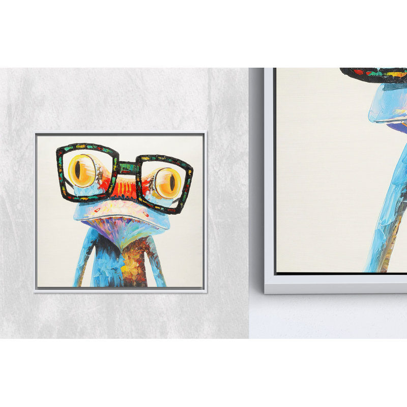 Décoration murale moderne: toile de grenouille arc-en-ciel avec lunettes, toile blanche encadrée 1P, H: 35,5 po x l: 35,5 po