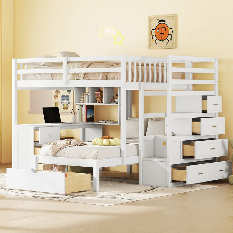 Lit superposé avec bureau, tiroirs et tablettes, Blanc