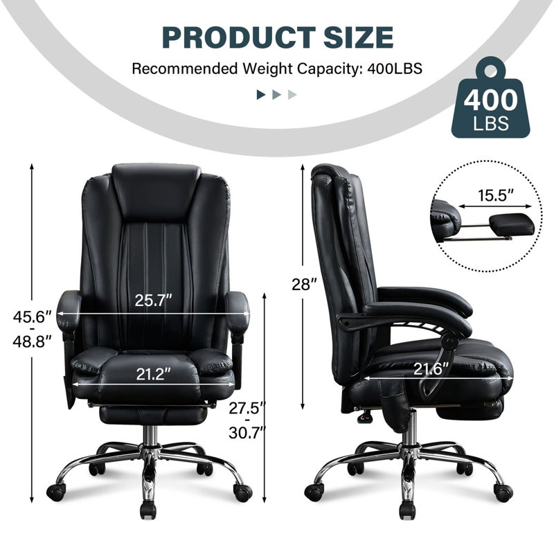 Chaise de bureau avec fonction chauffante et de massage - repose-pieds rétractable, rotation à 360 °, soutien lombaire en tissu respirant, repose-pieds, revêtement en cuir noir