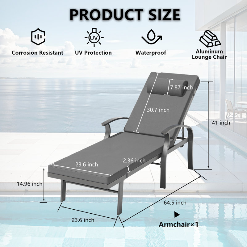 Deianna Adjustable Outdoor Aluminum Chaise Lounge Chair with Cushions, Ergonomic Armrests & Rust-Resistant Frame for Sunbathing