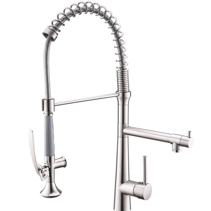 Modern Kitchen Faucet With 360 Degree Rotation And Pre-Rinse Spring In Nickel Finish High Arc Single Handle Brushed Look
