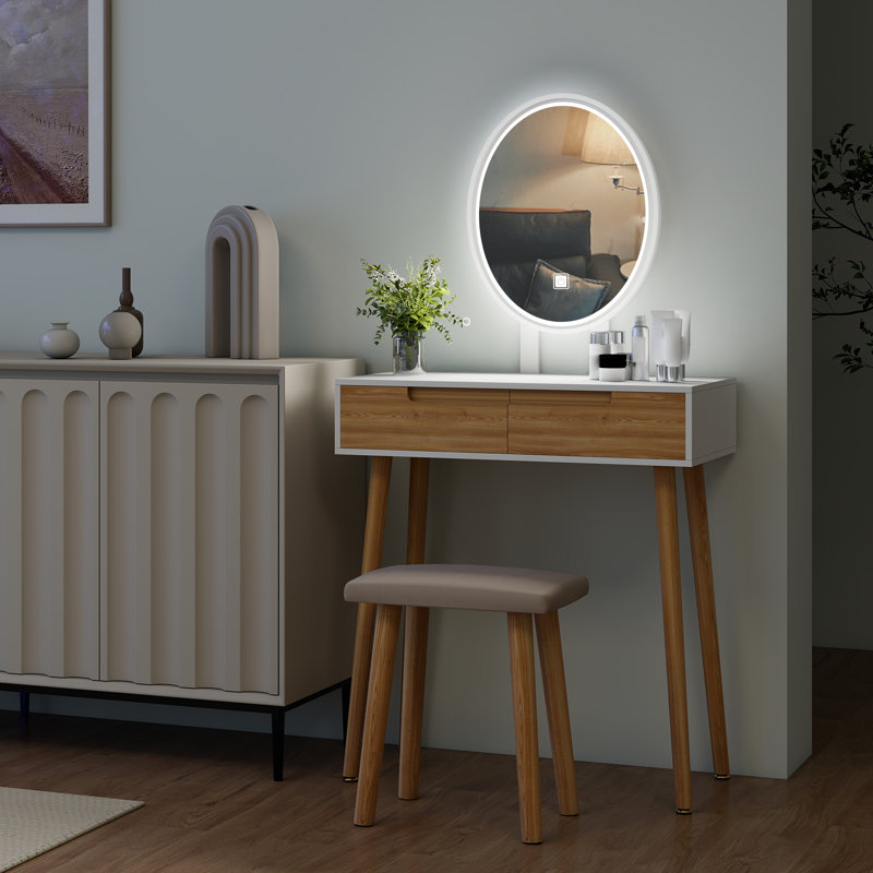 Angeligue Vanity Table Set with Adjustable Brightness Mirror and Cushioned Stool, Burlywood