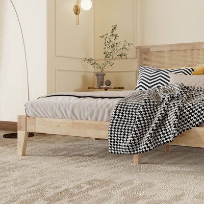 King Size Solid Rubber Wood Bed with Rattan Headboard, Central Support & Underbed Storage,Natural