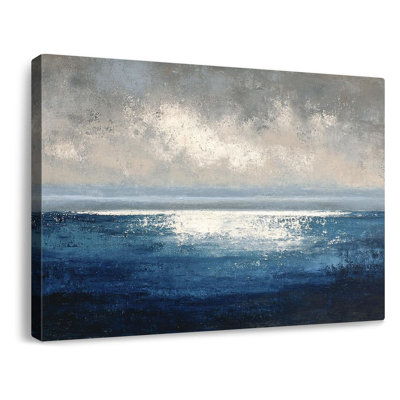 Moderne bleu abstrait toile art mural peint à la main, impressions marines avec dégradé océan bleus gris ciel brumeux galerie murale décorée pour salon chambre bureau encadré 36 x 24 po