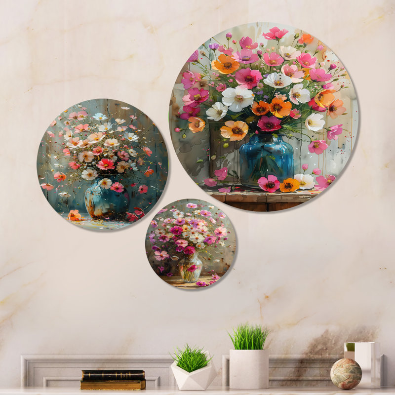 Décoration murale en métal rose 3 pièces Buttercups dans un vase I - Bouton d'or