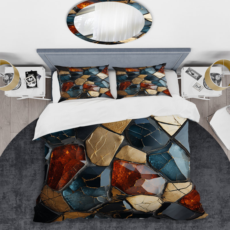 Ensemble de housse de couette carreaux de mosaïque cubes dorés et bleus III, Housse de couette pour grand lit