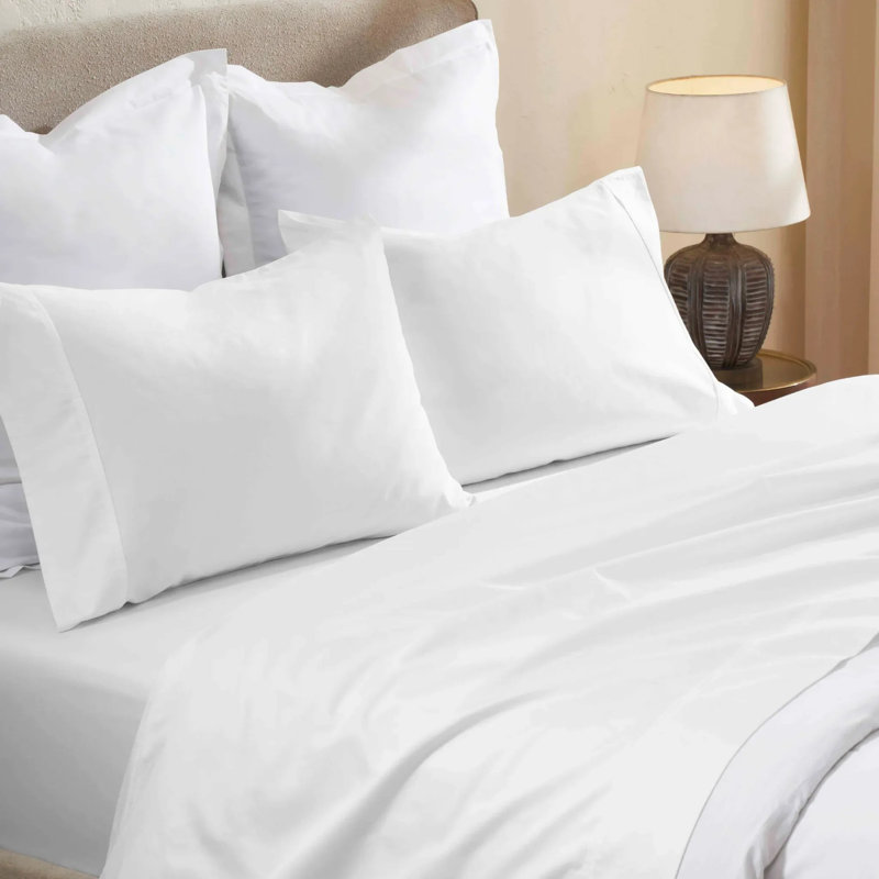 Ensemble de draps en satin de coton Blue Nile Mills - Literie à poches profondes, Lit double, Blanc