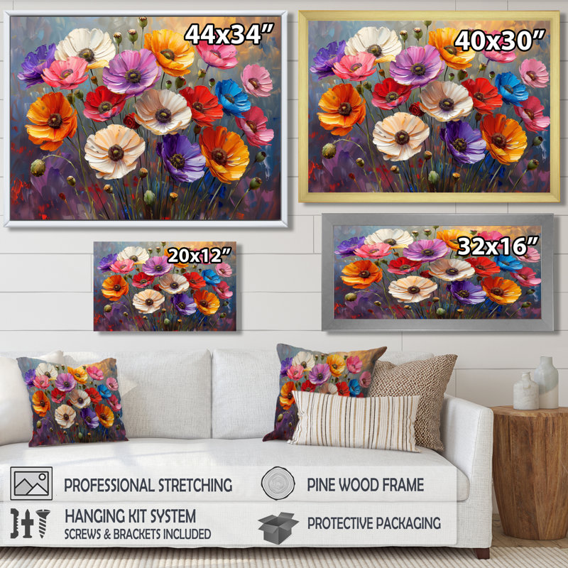 Bouquet rayonnant rose coquelicots rouges - coquelicots, Toile avec cadre flottant brun, H 16 po x l 32 po x P 1 po