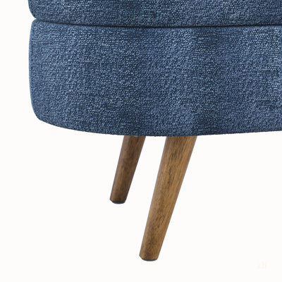 Repose-pieds de rangement ovale avec pieds en bois d'hévéa, tissu bleu foncé, parfait pour la décoration intérieure et une utilisation multifonctionnelle