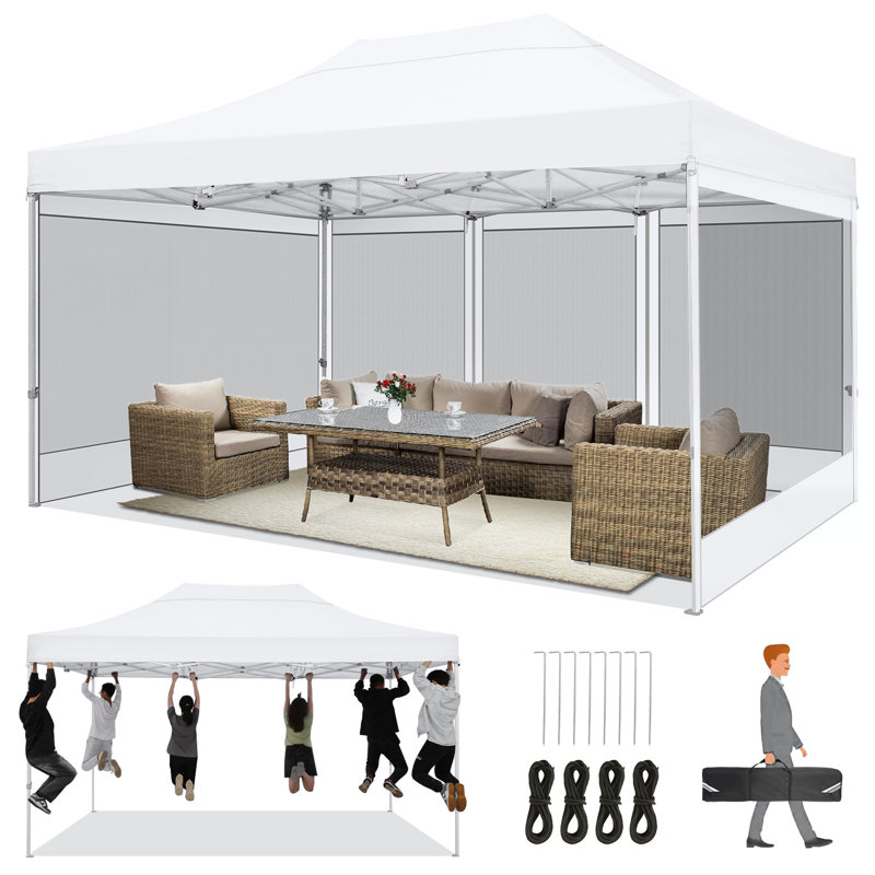 10'x15' Heavy Duty Canopy Tent, Pop up Gazebo with Netting Screened, White