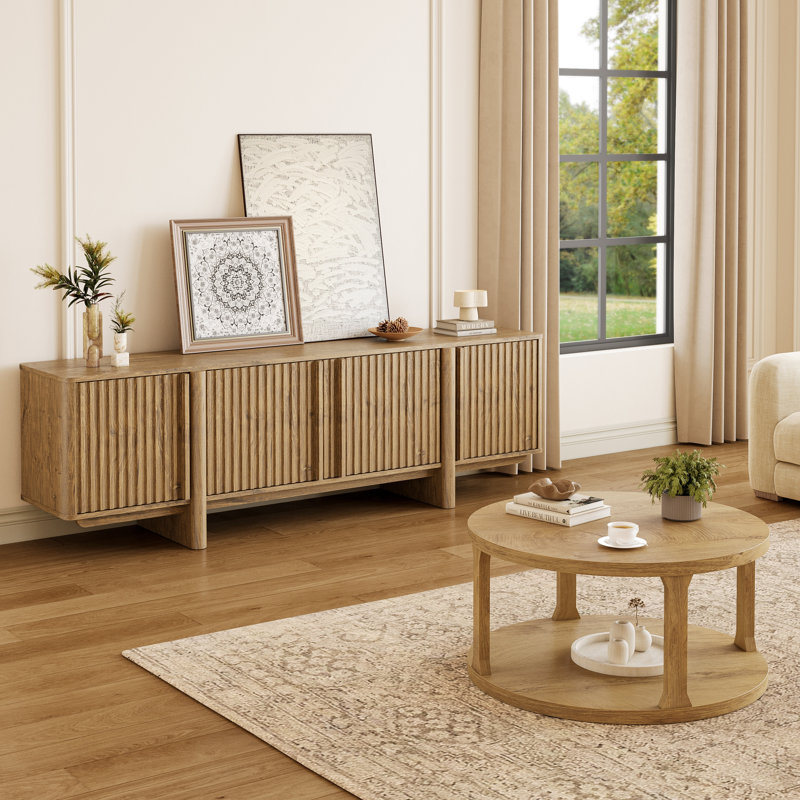 Ensemble de salon moderne 2 pièces, console de télévision cannelée 70 po avec rangement et table basse ronde à 2 niveaux, Oak
