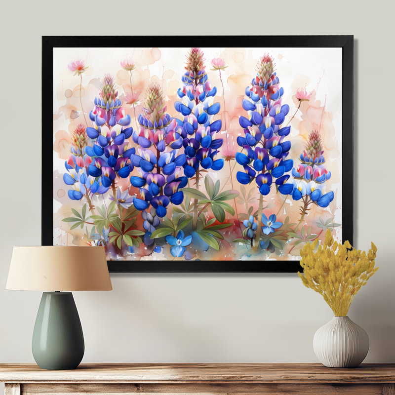Bleu, rose, fleurs sauvages, Blue Bonnets Dreams II - Blue Bonnets, art mural, H 12 po x l 20 po x P 1 po, Cadre simple noir