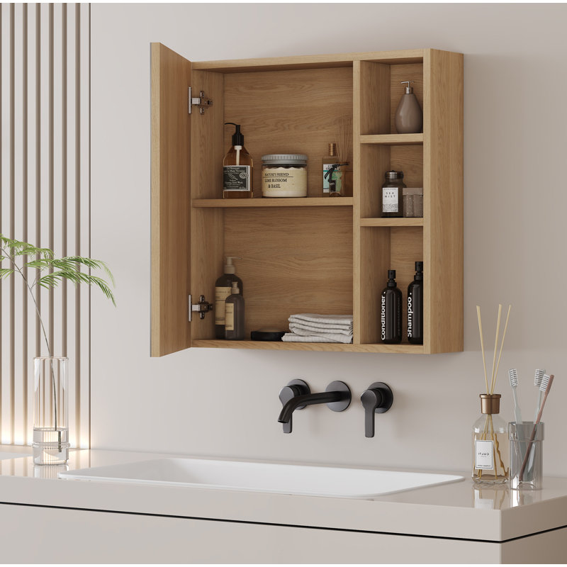 Natural Wood Grain Multi-Function Mirror Cabinet - Clear Mirror and Storage Space. MDF material mirror cabinet,a separate wall mounted bathroom mirror for storage and space saving