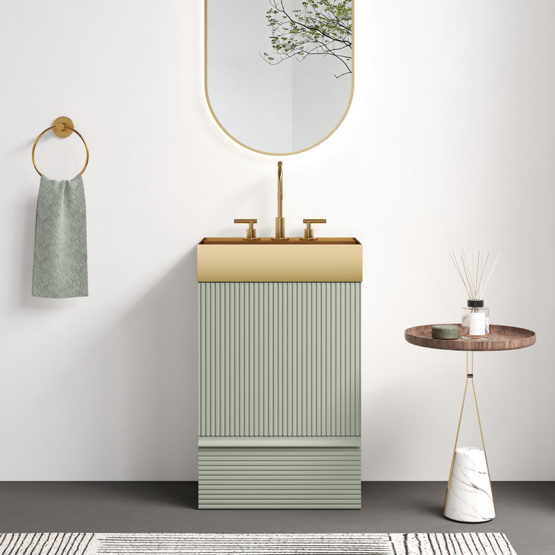Meuble-lavabo moderne sur pied de 51 cm (20 po) avec lavabo monobloc en or brossé, E1, tiroir à fermeture amortie, option de fixation murale, embout en métal