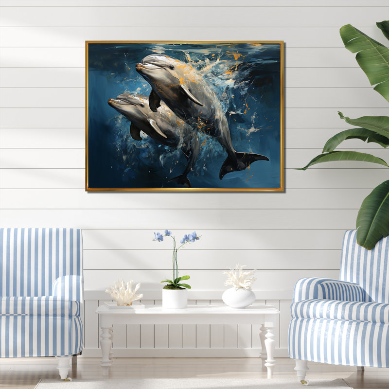 Blue Dancing Dolphines I - animaux, art des dauphins, Cadre flottant doré, H 34 po x l 44 po x P 1,5 po