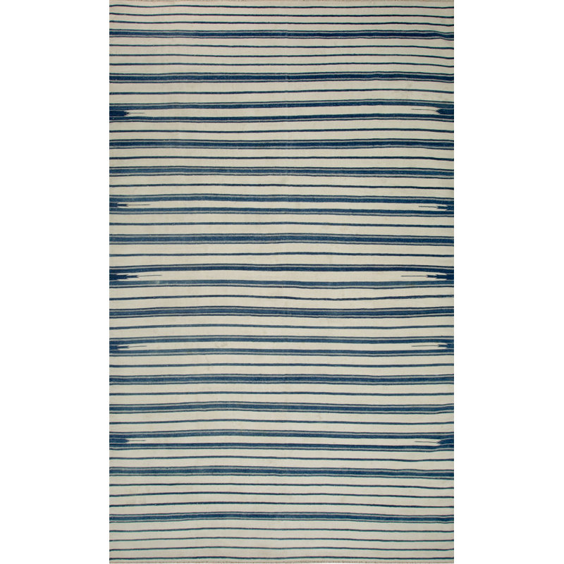 Blue and White Antique Allover Geometric Stripes Cotton Flat Weave Indian Dhurrie Rug