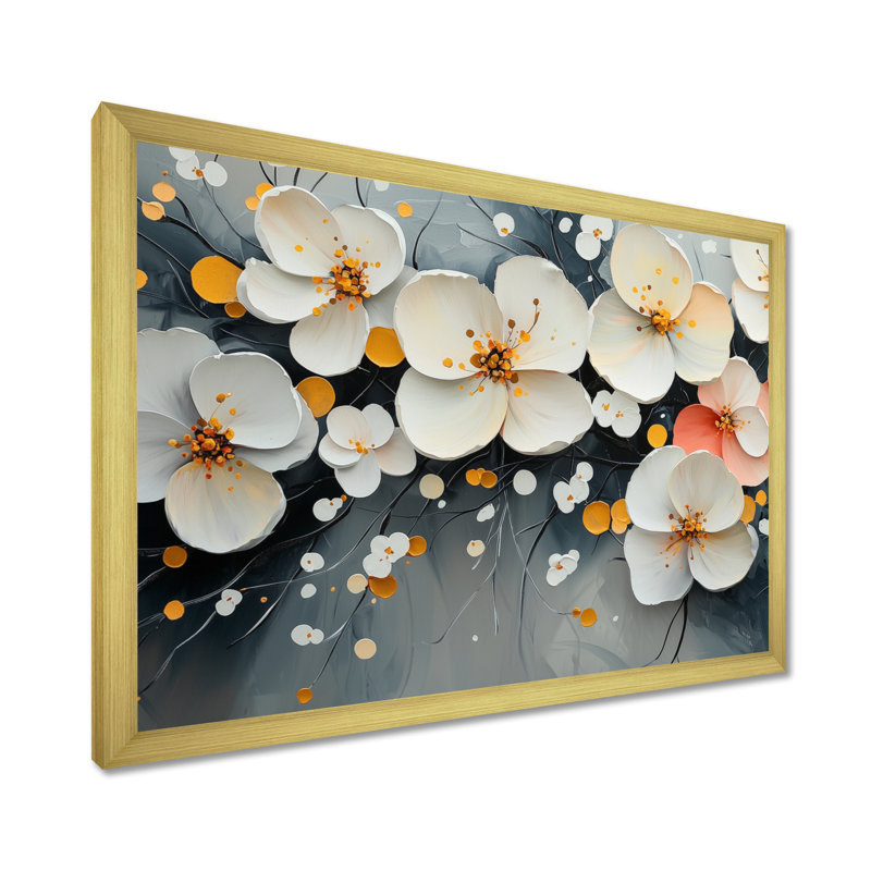 Mylasha rose, fleurs blanches et blanches Pure Bliss II - Fleurs murales, H 12 po x l 20 po, Avec cadre, Doré