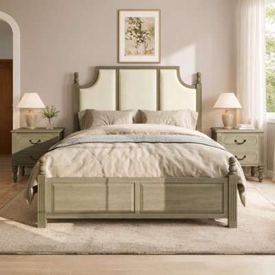 3-Piece Queen Bedroom Set with Fluted Antique Bronze Platform Bed and Two Nightstands, Traditional Farmhouse Rubberwood Frame with Linen Headboard