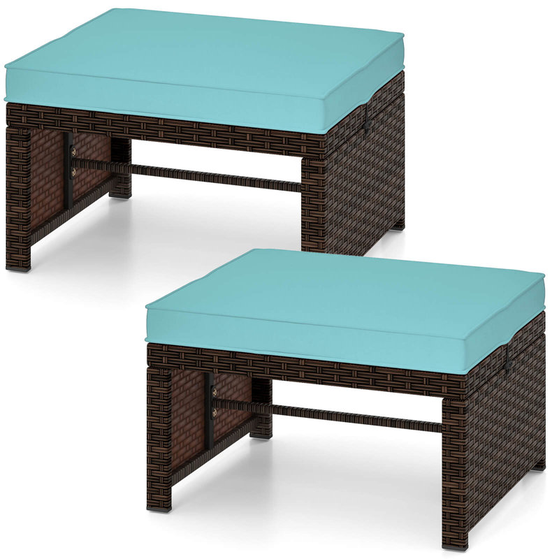 2 repose-pieds en rotin avec 2 coussins à fermeture à glissière pour terrasse, Turquoise