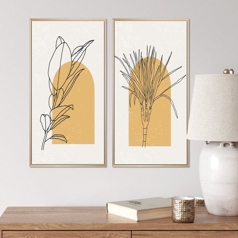 Branche botanique orange avec feuilles II - ensemble de 2 peintures, H 20 po x l 24 po x P 1 po, Cadre brun