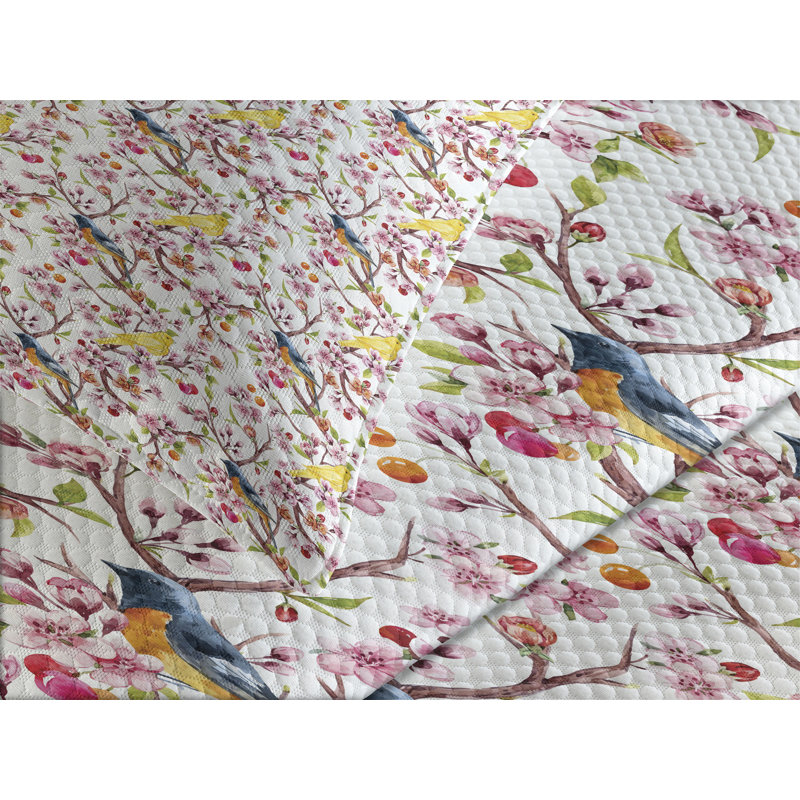 Ambesonne Spring Bedspread Set Sakura Branches and Birds Multicolor, Queen Bedspread + 2 Standard Shams