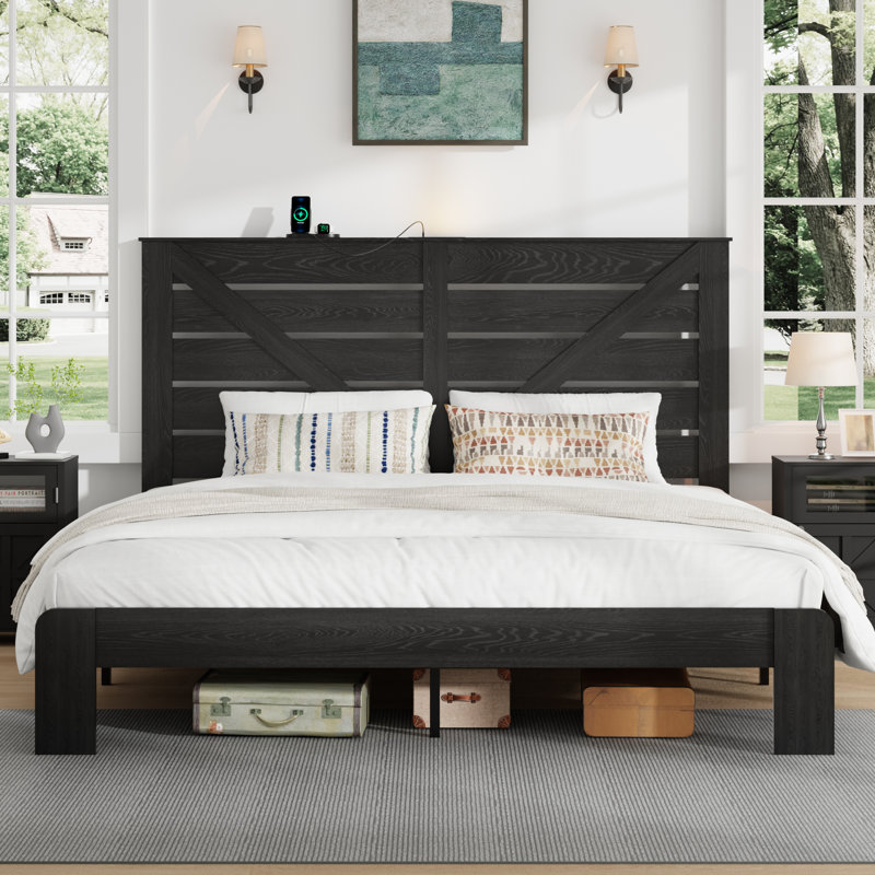 Farmhouse King Bed Frame with  Tall Headboard, Wooden Platform Bed Frame with Charging Station & Led Lights，Noise Free,No Box Spring Needed and Easy Assembly，Black