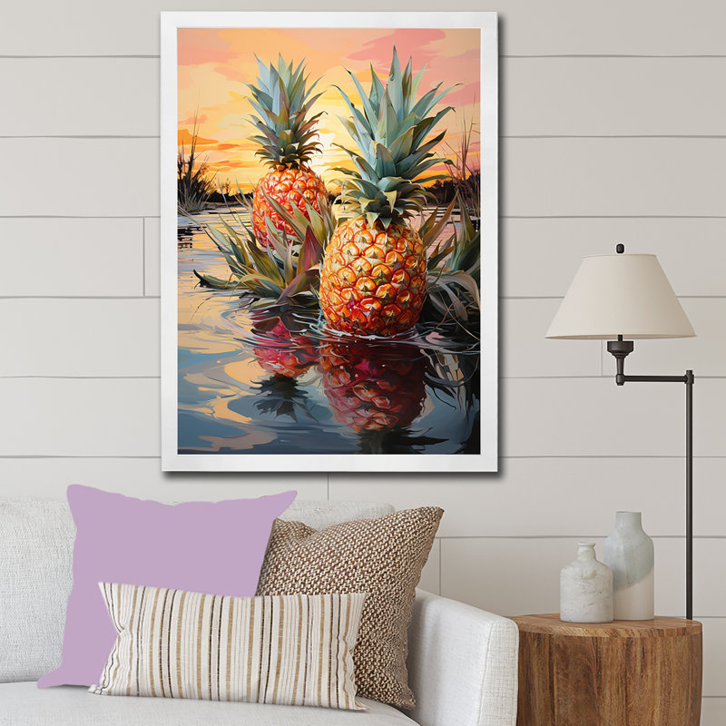 «Sunny Pineapple Serenade Lakeside», reproduction sur toile, Cadre photo blanc, H 32 po x l 24 po x P 1 po