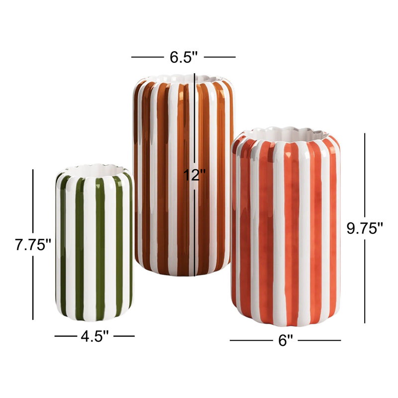 SET OF THREE CERAMIC VASES WITH VERTICAL STRIPES - ONE EACH COLOR