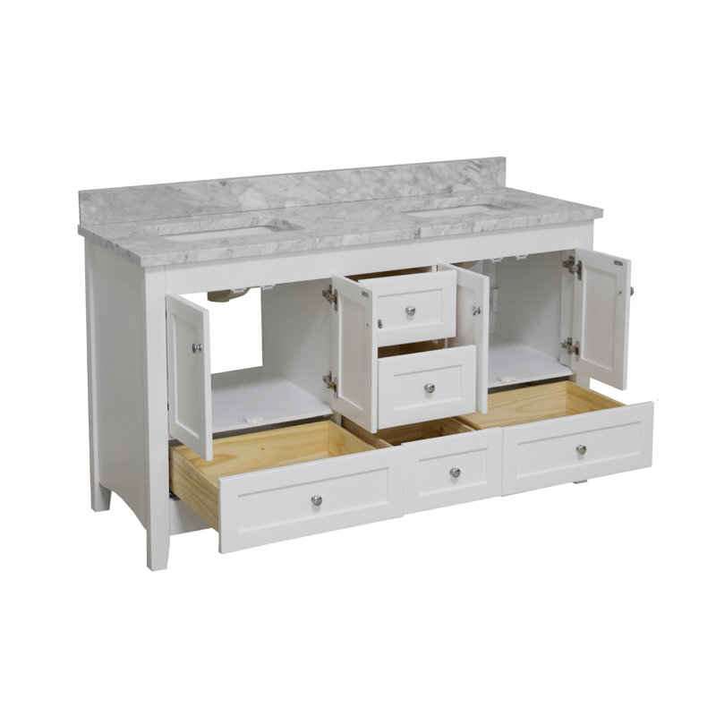 Ensemble de meuble-lavabo double de 60 po Edber, Blanc, Marbre de Carrare