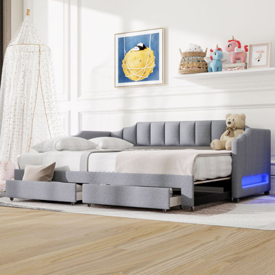 Extendable Twin XL to King Upholstered Daybed with Trundle, 2 Storage Drawers & LED Light