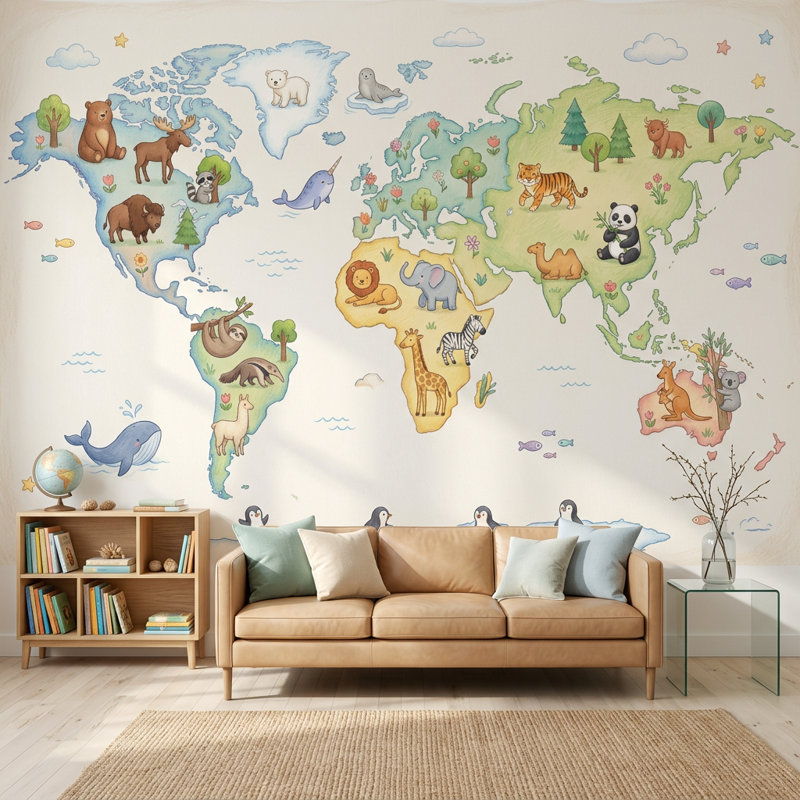 Papier peint carte du monde avec papier peint texturé pour enfants, 120 po x 96 po, Peler et coller