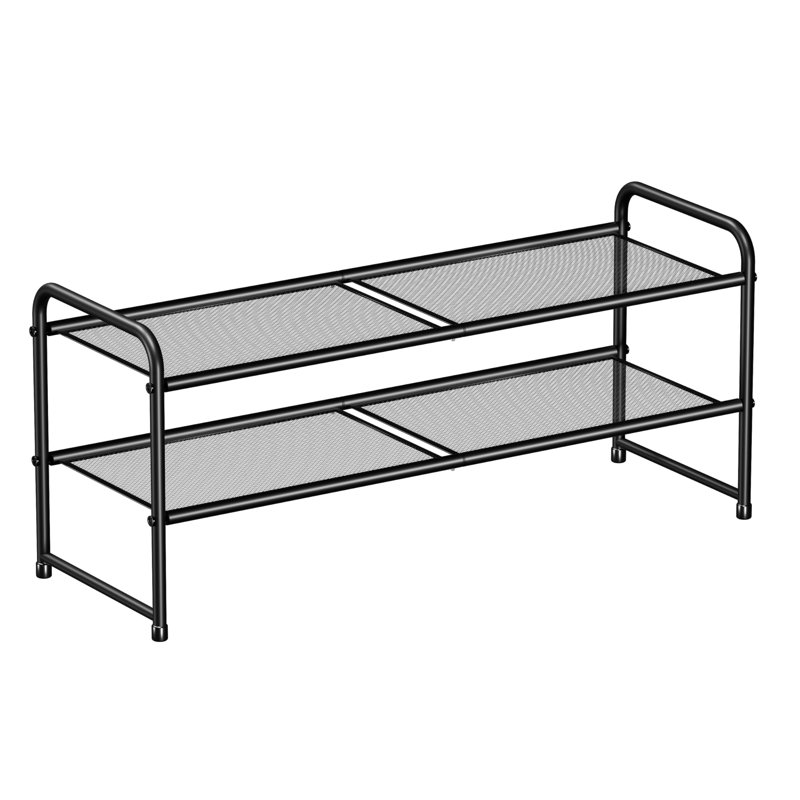  2-Tier Shoe Rack 33'' Wide, Metal Mesh Shoe Shel for Closet, Stackable and Adjustable, Black
