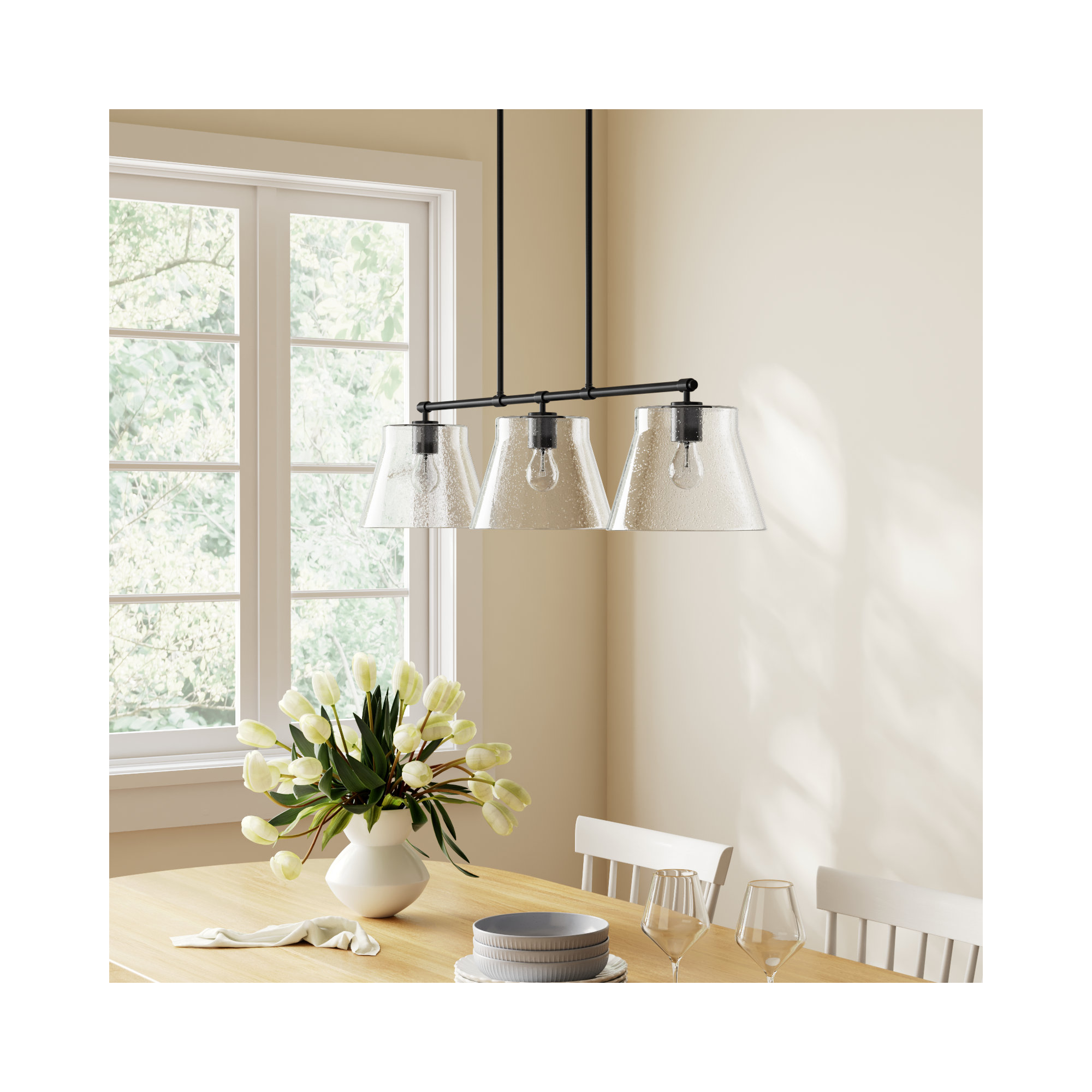 Alorie 3 Light Glass Dimmable Pendant, Matte Black