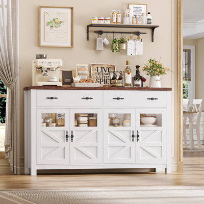 Buffet Almus de 55 po avec 4 portes en verre, 2 grands tiroirs et tablettes réglables