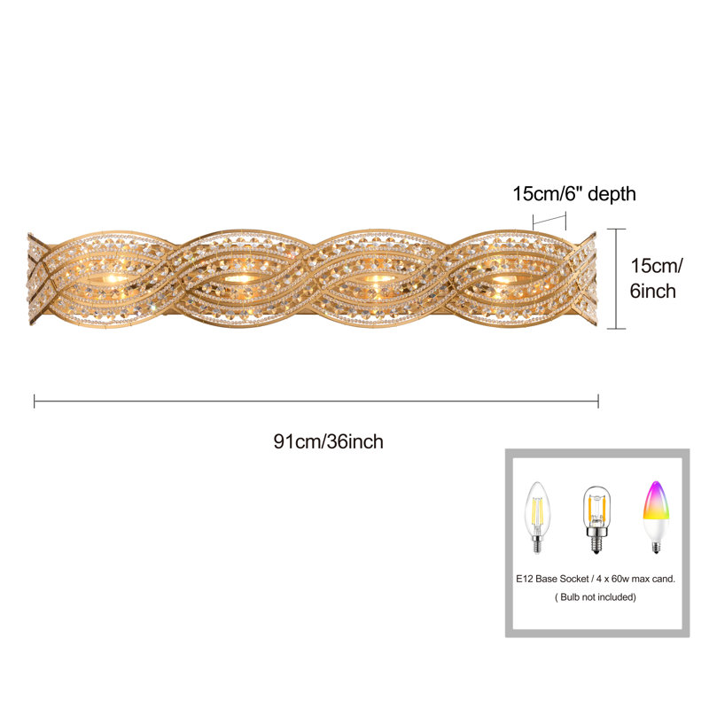 Coiffeuse Cotten en or laqué avec filigrane de cristal transparent, H 6 po x l 36 po x P 6 po, Quatre lumières