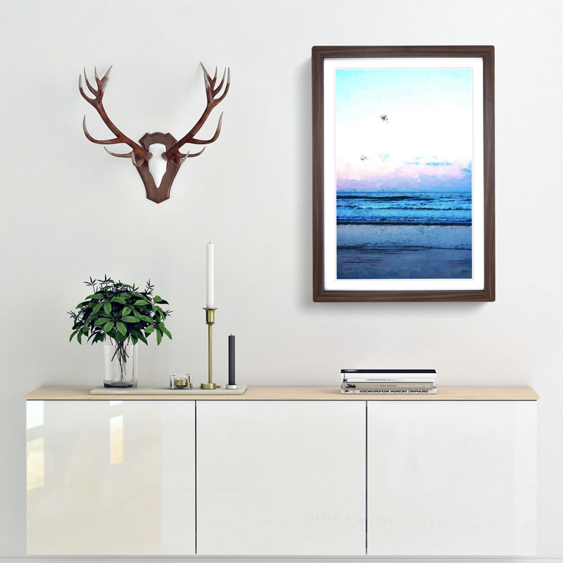 Seagulls Flying High in Abstract - Picture Frame Graphic Art Print, 50cm H x 35cm W x 2cm D, Walnut