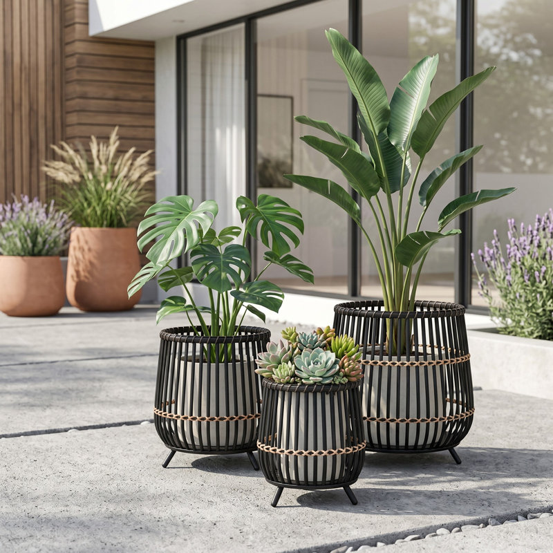 Modern Round Bamboo Wood Planters for Indoor and Outdoor Spaces - Artistic Flower Pots for Home, Living Room, or Patio Decor - Set of 3