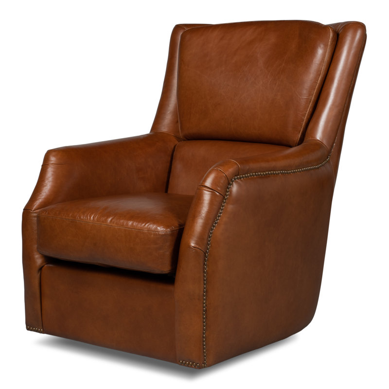 Baker Swivel Club Chair, Dark Brown Genuine Leather