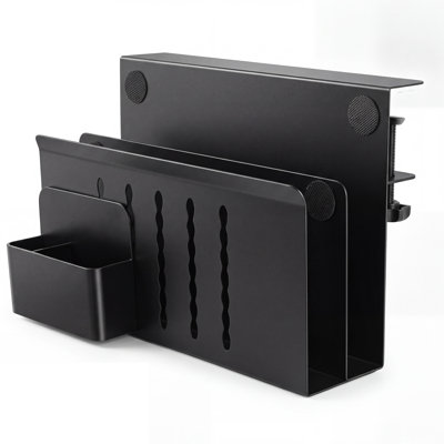 Clamp On Desk Side Storage Organizer with Detachable Pen Holder, Dual Tier Under Desk Caddy Rack with No Drill Installation, Steel Laptop Tablet Holde