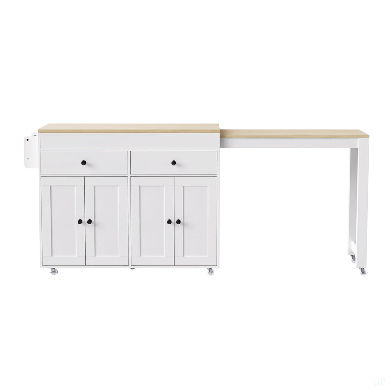74.5 Inch Kitchen Island With Extendable Dining Table , Rolling Kitchen Island On Wheels With Spice Rack And 2 Drawers, 4 Door Cabinet, For Kitchen, Dining Room