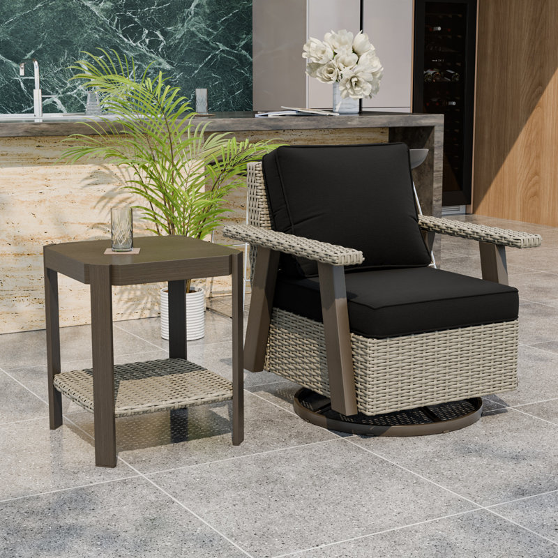 Ensemble 2 pièces de chaises pivotantes en osier avec coussins de 5 pouces et table d'appoint, Noir
