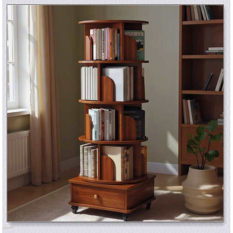 Bibliothèque rotative avec tiroir, tablette de présentation à 5 niveaux à 360 degrés pour les petits espaces, rangement en bois sur pied