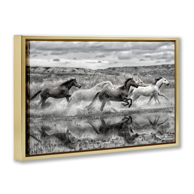 «Horses Splashing in Riverbank», art mural encadré sur toile flottante, design par PHBurchett, H 17 po x l 25 po