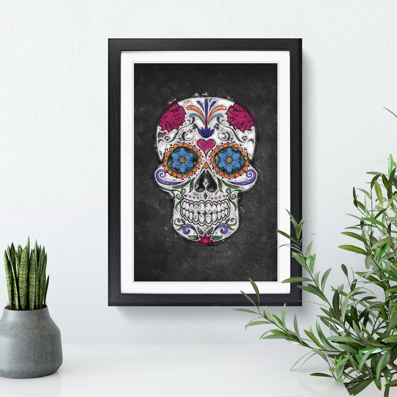Floral Sugar Skull - Framed Print, 65cm H x 48cm W x 2cm D, Black Framed