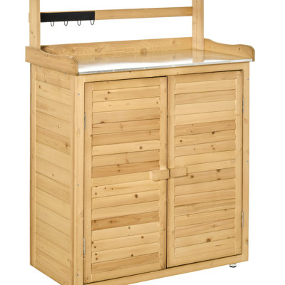 Solid Fir Wood Garden Potting Stand, 3 Shelves, 2 Magnetic Doors, Hooks, Yellow, 34.43" L X 18.11" W 47.15" H Table With Wood,